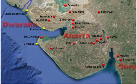 Image 2: Excavated sites in Gujarat Region with the probable location of Dwaraka, Prabhasa and Chamasodbheda