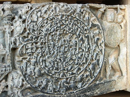 Stone carving depicting Abhimanyu and chakra vyūha