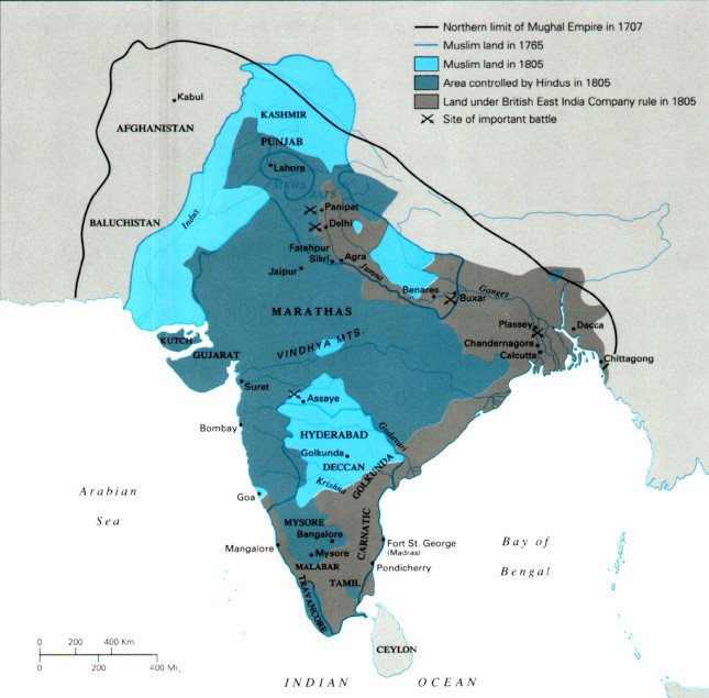 Map of British and Mughals in India